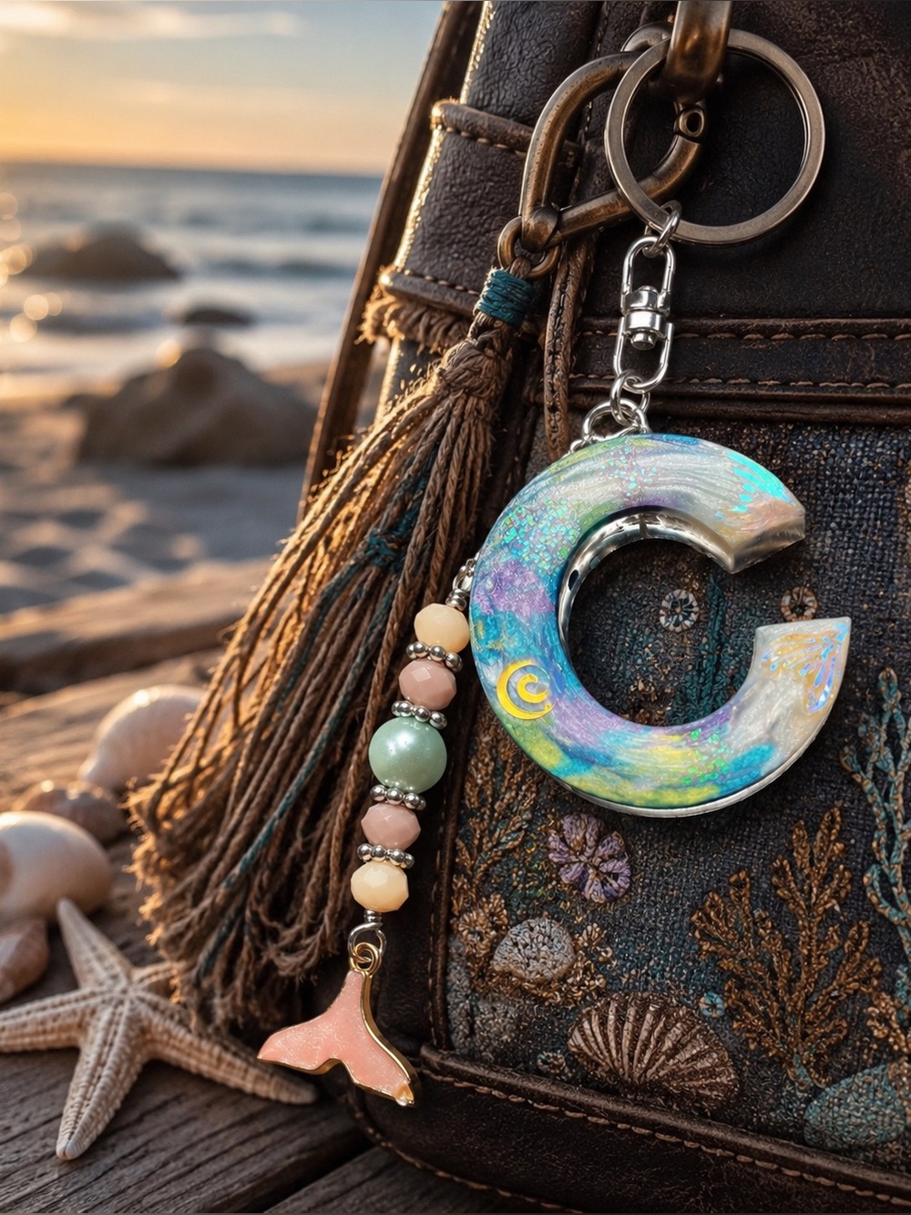Letter C Mermaid Keychain with Tail Charm Ocean Inspired Artisan - Picture 7 of 16